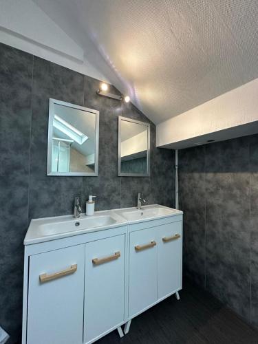 une salle de bain avec deux lavabos et deux miroirs dans l'établissement Détroit - Maison spacieuse et lumineuse pour 8 personnes, à Reims