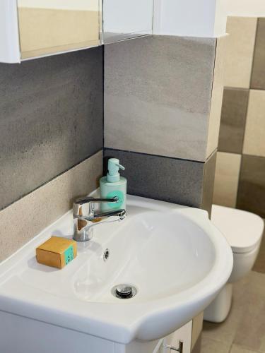 a bathroom with a white sink and a toilet at The Rosemary Stay in Hull
