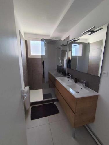 une salle de bain avec un lavabo et un miroir dans l'établissement L'eskale, à Valence