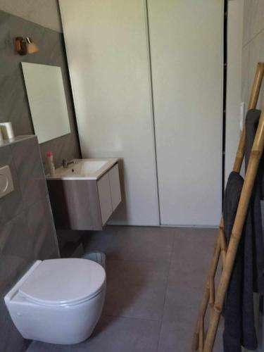 une salle de bain avec des toilettes blanches et un lavabo dans l'établissement Ecurie Le Pas du Loup, à Caumont-sur-Durance