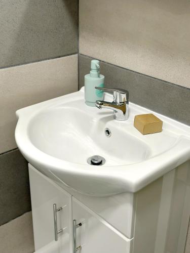 a white bathroom sink with a soap bottle on it at The Rosemary Stay in Hull