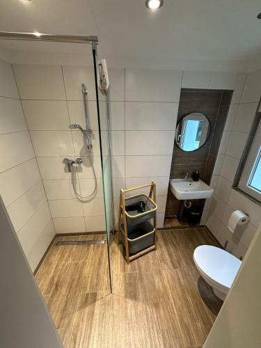 a bathroom with a shower and a toilet and a sink at Linus und seine Ferienwohnungen in Heldrungen