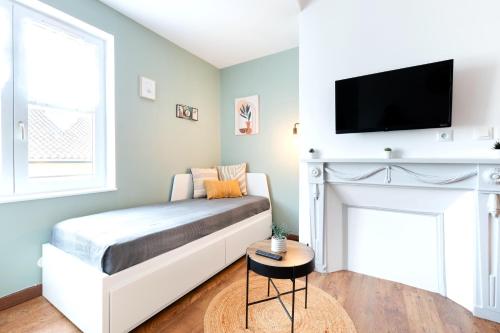 - une chambre avec un lit, une cheminée et une télévision dans l'établissement Life&Travel - Appartement Cosy - Centre & Parking, à Limoges