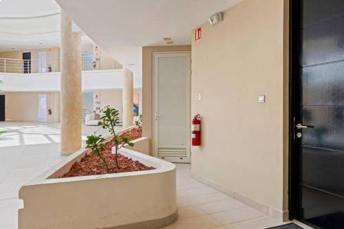 a hallway of an office building with a plant at Luxury Lagoon-View Condo Steps to Beach in Cupecoy