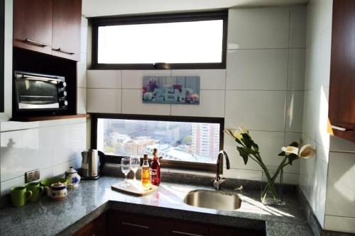 eine Küche mit Spüle und Fenster in der Unterkunft Depto con la mejor vista a la ciudad de Concepción in Concepción