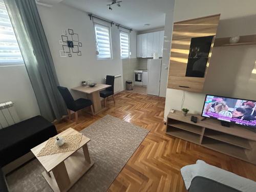 a living room with a couch and a tv and a table at Altina Gottfried Studio in Novi Grad