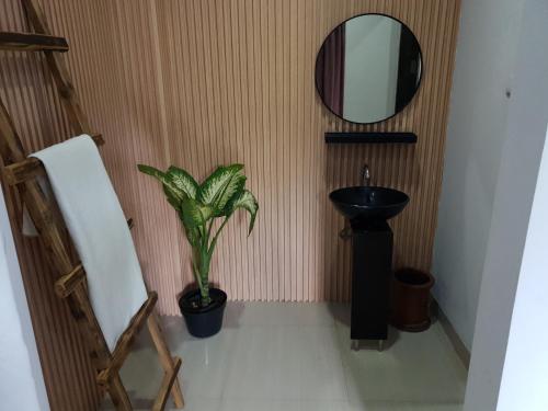 a bathroom with a sink and a mirror and a plant at The Green Leaf Jimbaran in Jimbaran