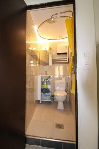 une salle de bain avec des toilettes blanches dans une chambre dans l'établissement Le Borniol ! Idéal ! Congrès! Central! lumineux!, à Cannes