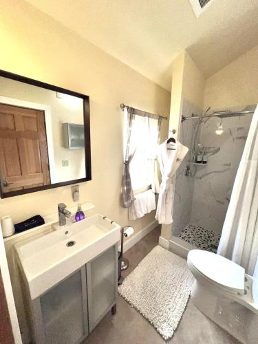 a bathroom with a sink and a shower and a toilet at Bell In The Woods B&B in Seward