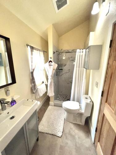 a bathroom with a shower and a toilet and a sink at Bell In The Woods B&B in Seward