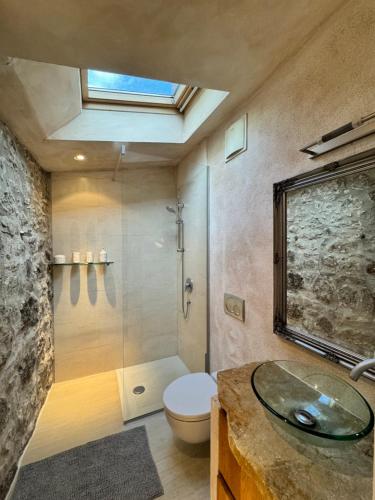 a bathroom with a toilet and a glass sink at Stone House Orsera in Vrsar