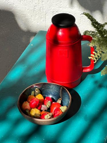 a bowl of vegetables next to a red tea kettle at Casa Lumen in Núcleo Bandeirante