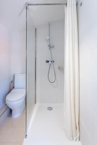 La salle de bains est pourvue de toilettes et d'une douche avec une porte en verre. dans l'établissement Les VOILES DE GOLFE, au Golfe-Juan