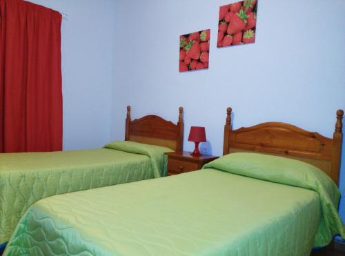 a room with two beds with green covers and a red curtain at Pensión Amparo Las Hayas in Valle Gran Rey