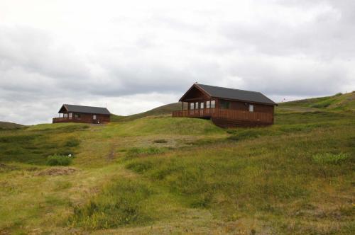 two houses on top of a grassy hill at Hlid Cottages in Myvatn