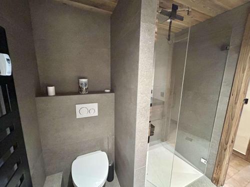 une salle de bain avec toilettes et douche dans l'établissement Appartement 3 pièces+cabine à Megève, près des pistes, terrasse, parking, 6 couchages - FR-1-597-1, à Megève