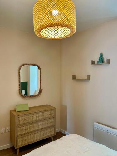 - une chambre avec un miroir, un lit et une commode dans l'établissement Green Book - T2 avec parking, à Vierzon