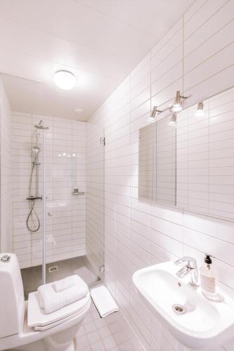 a white bathroom with a toilet and a sink at Eldá apartments in Myvatn