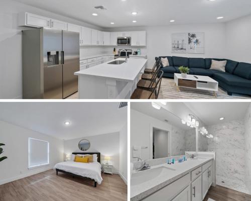 two pictures of a kitchen and a living room at New Construction Home 10 to Beach 5 to Downtown in West Palm Beach
