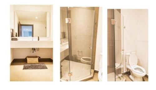two pictures of a bathroom with a shower and a toilet at Luxury Polanco City View with Indoor Heated Pool in Mexico City