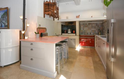 a large kitchen with a counter and a refrigerator at Stunning Home In Noves With Wifi in Noves