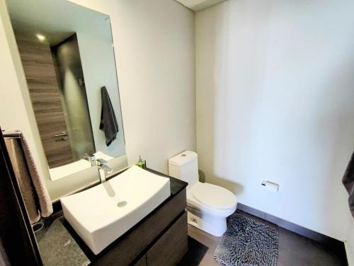 a bathroom with a sink and a toilet and a mirror at Luxurious High-Rise HS WiFi, amazing city views in Mexico City