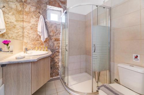 a bathroom with a shower and a toilet and a sink at Gkountis stone apartment 5 in Tsoukaladhes