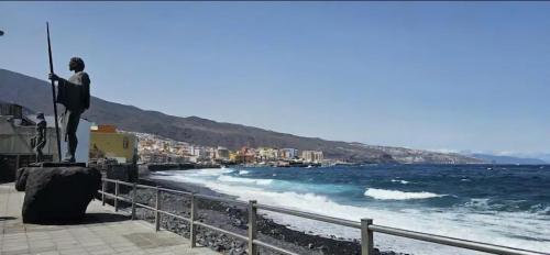 a statue of a woman looking at the ocean at Martimar Candelaria in Candelaria