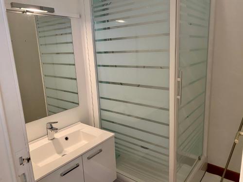 a bathroom with a shower and a white sink at Le Clos des Tilleuls - Gîte de Charme avec Piscine au Cœur de la Nature in Libin