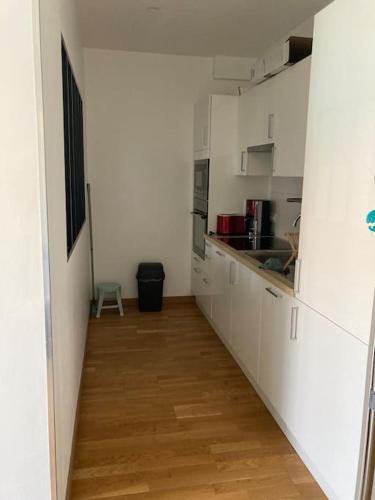 une cuisine avec des armoires blanches et un plancher en bois dans l'établissement L Appart 21, à Nice