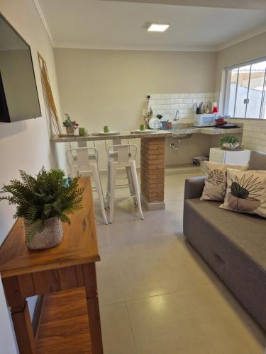 a living room with a couch and a kitchen at Acolhedor ao lado de Vinícola e Centro in Espirito Santo Do Pinhal