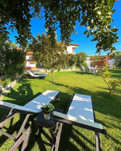 a yard with two lounge chairs and a tree at Guest House Doni in Sandanski