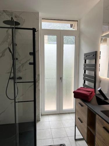 une salle de bain avec douche et porte vitrée dans l'établissement Le Chaleureux Luchonnais, à Luchon