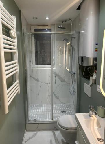 une salle de bain avec une douche avec des toilettes et un lavabo dans l'établissement Eiffel Tower Invalides Cosy Flat, à Paris