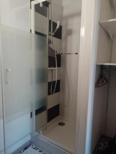 une douche avec une porte vitrée dans une salle de bain dans l'établissement Le Luminaire, à Niort