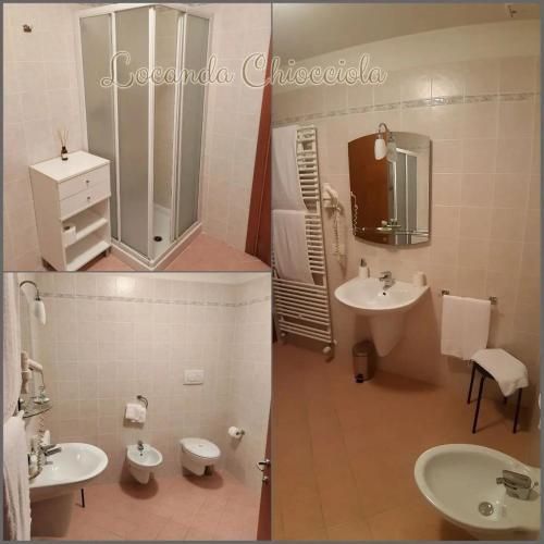 two pictures of a bathroom with two sinks at Locanda Chiocciola By Manuel Ronzani in Quero