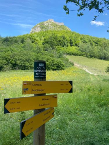 a sign with arrows pointing in different directions in a field at Domaine aux souvenirs denfance in Bénaix