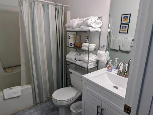 un bagno con wc, lavandino e doccia di Baypointe Cottage 6 a Northport