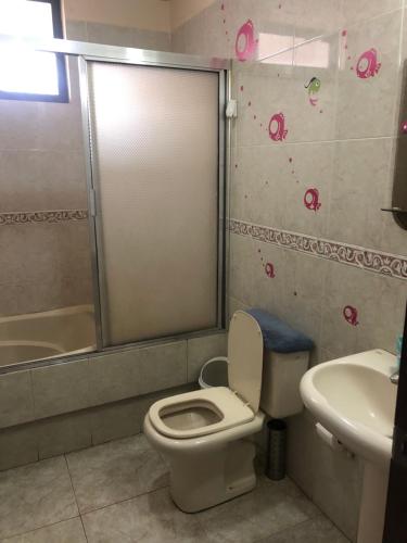 a bathroom with a toilet and a sink and a shower at Amplio depto,parqueo,zona exclusiva in Cochabamba