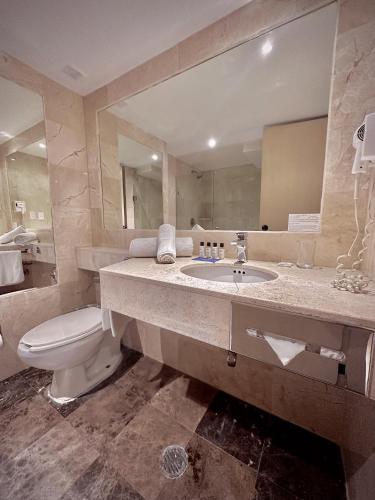 a bathroom with a sink and a toilet and a mirror at Hotel Stella Maris in Mexico City