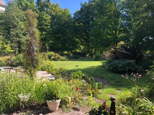 a garden with flowers and plants in a yard at Peek of the Bay in Suttons Bay