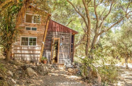 an old house with a red door in the woods at Topanga Wonderland Cottage in Topanga