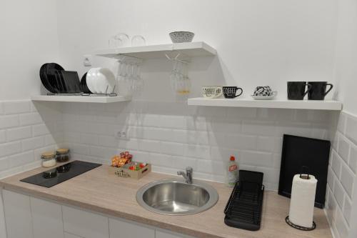 a kitchen with a sink and a counter with a sink at Andjela Apartments in Inđija