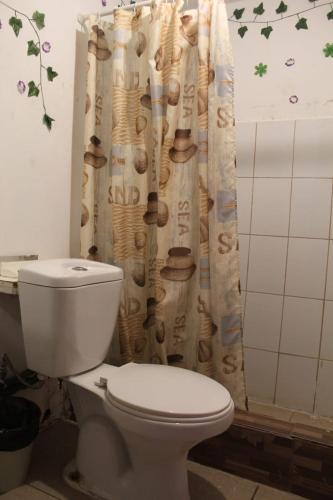 a bathroom with a toilet and a shower curtain at El valle in Copiapó