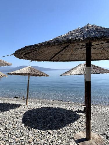 two straw umbrellas on a beach with the ocean at Nerinalia Residence in Áyioi Apóstoloi