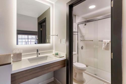 a bathroom with a sink and a toilet and a mirror at Aiden by Best Western South Reno in Reno