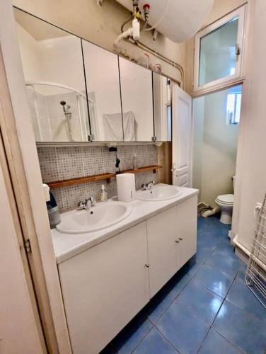 une salle de bain avec deux lavabos et un WC dans l'établissement Sublime T4 en hyper centre avec 3 chambres, à Grenoble