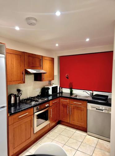 a kitchen with wooden cabinets and a red wall at Charming Central london 4 bedroom duplex with private entrance in London