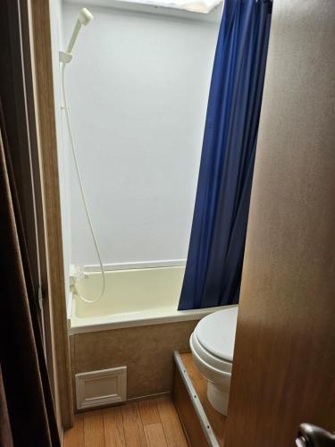 a bathroom with a toilet and a blue shower curtain at Comanche Teepee at Nomad Landing in Clayton