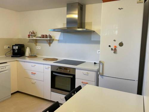 une cuisine avec une cuisinière et un réfrigérateur dans l'établissement Bellevue de Collonges, à Collonges-sous-Salève